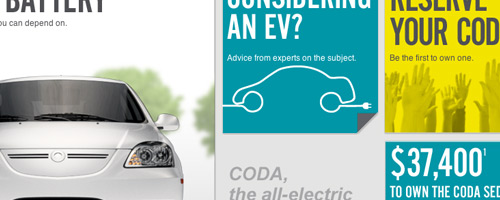 Site de la marque d'automobiles électriques Coda, basé sur une grille très présente