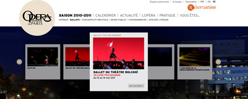 Le site de l'Opéra de Paris, privilégiant la vidéo et la photo pour un résultat plein d'inspiration