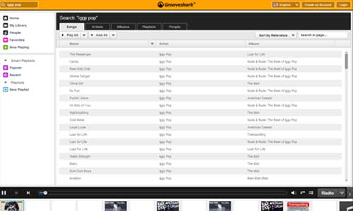grooveshark, site full flash d'écoute de musique en streaming, fonctionnalités intéressantes pour un site au graphisme sobre.